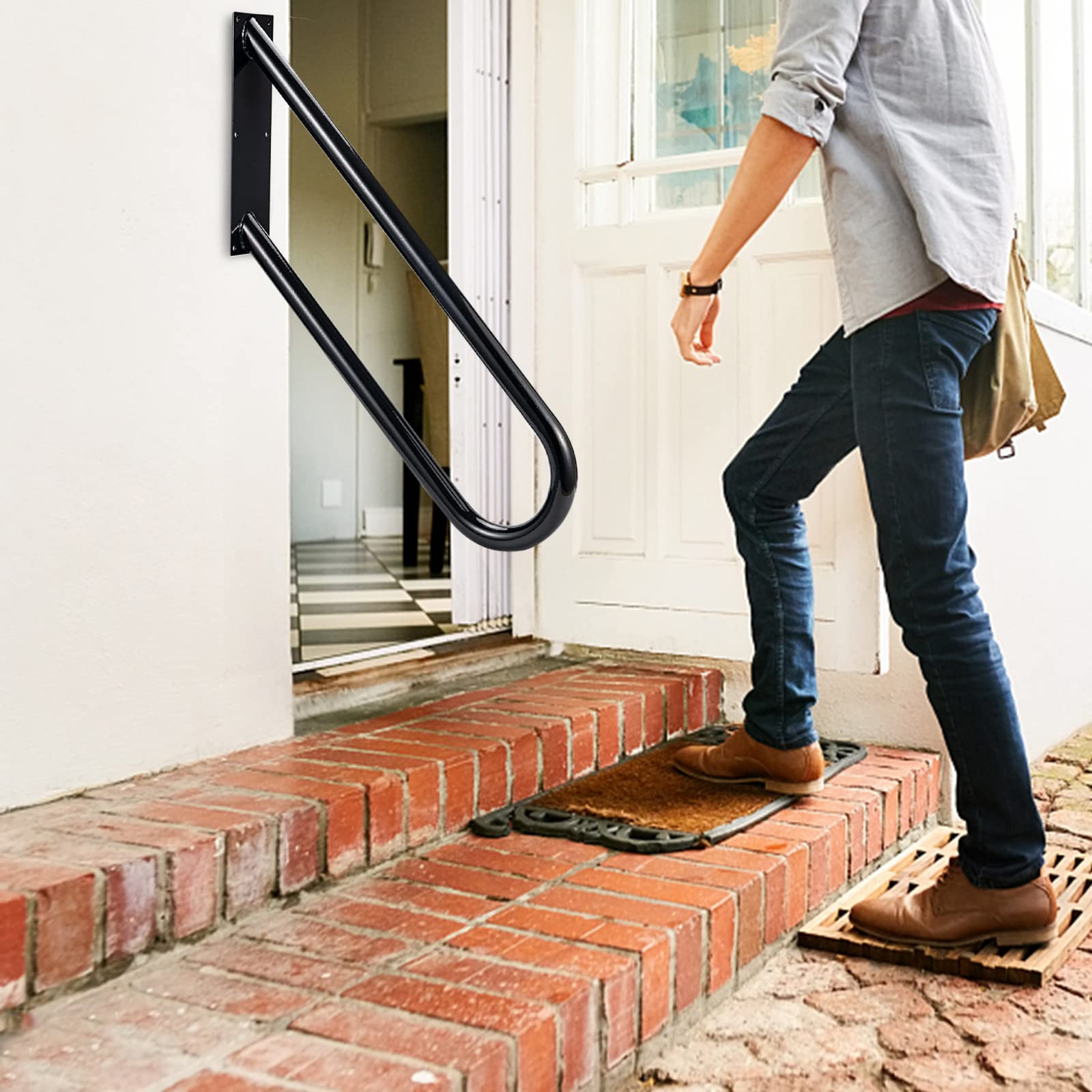 28" Handrail for 1-3 Step Stairs, Wall Mounted Handrails for Outdoor Steps, U-Shaped Handrail with Black Polished Surface for Outdoor Porch Patio,Garage Entrance (2 Pcs)