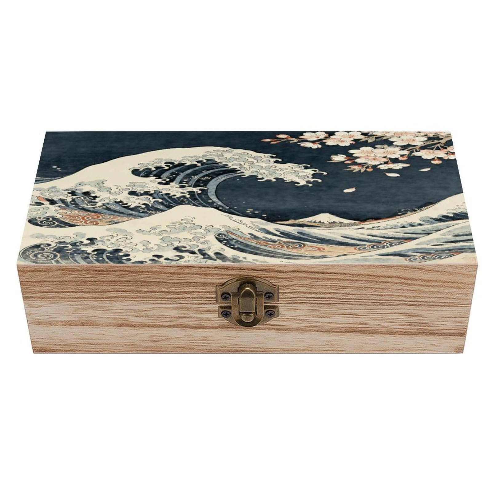 VstaDank Japanese Wave Cherry Blossoms Wooden Storage Box with Hinged Lid Natural Wooden Box Beautifully Keepsake Boxes Vintage Wood Boxes Jewelry Organizer Trinket Storage Chest Unique Gift
