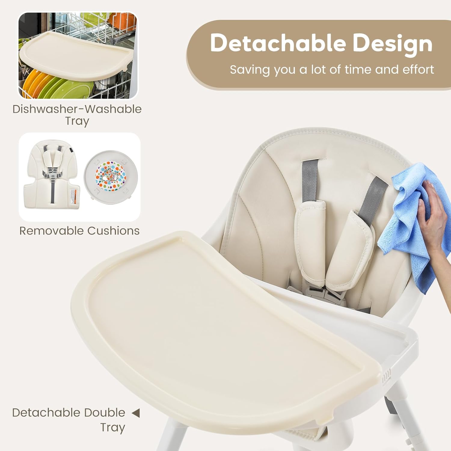 HONEY JOY 7 in 1 Baby High Chair, Convertible Highchair for Babies and Toddlers/Infant Feeding Chair/Activity Center, Building Block Table & Stool, Safety Harness, Removable Cushion (Beige)