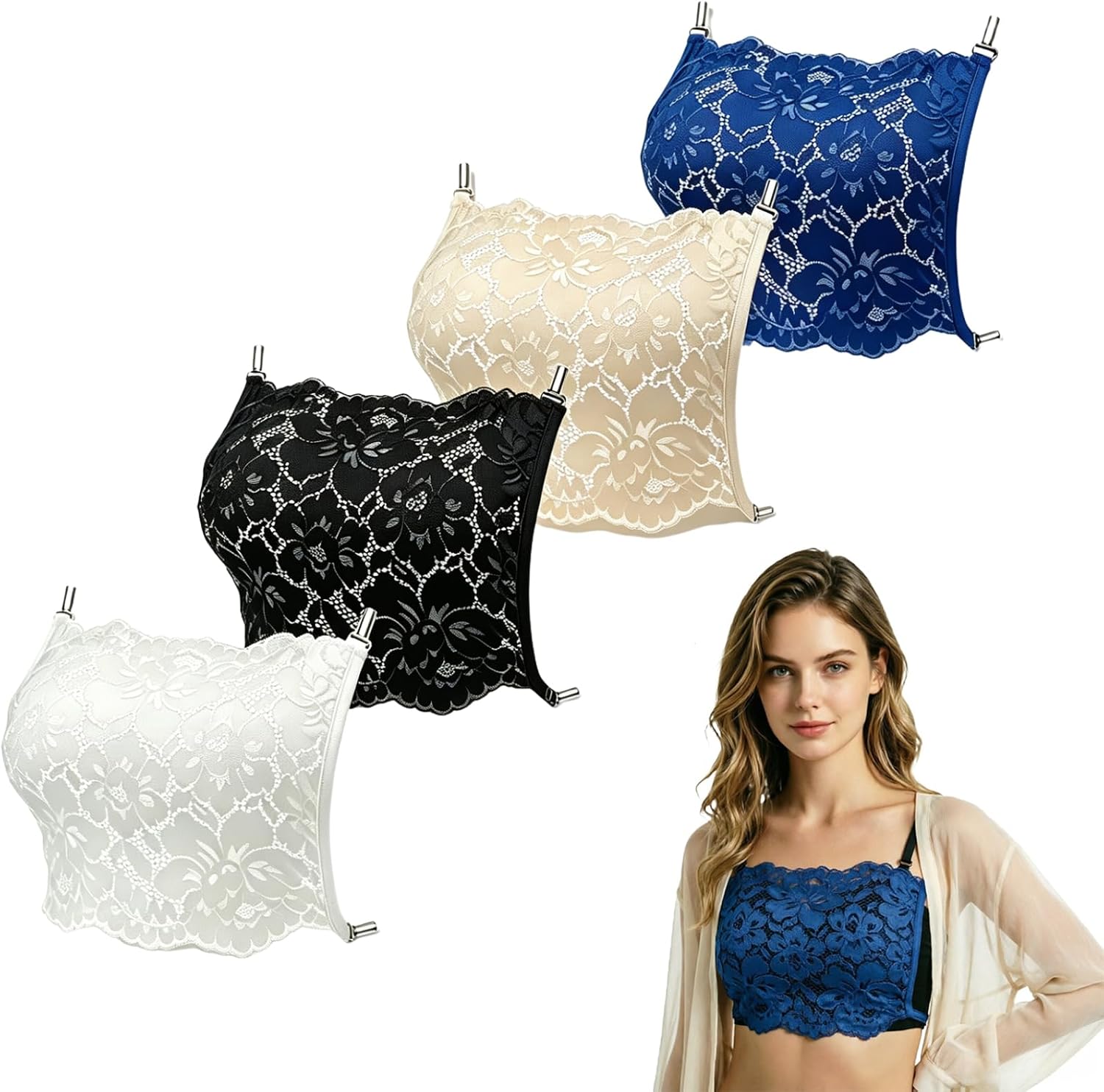 4Pcs Lady Cleavage Cover Modesty Panel Lace Wearable Mock Camisole Hook to Bra Insert Overlay Modesty Panel Vest