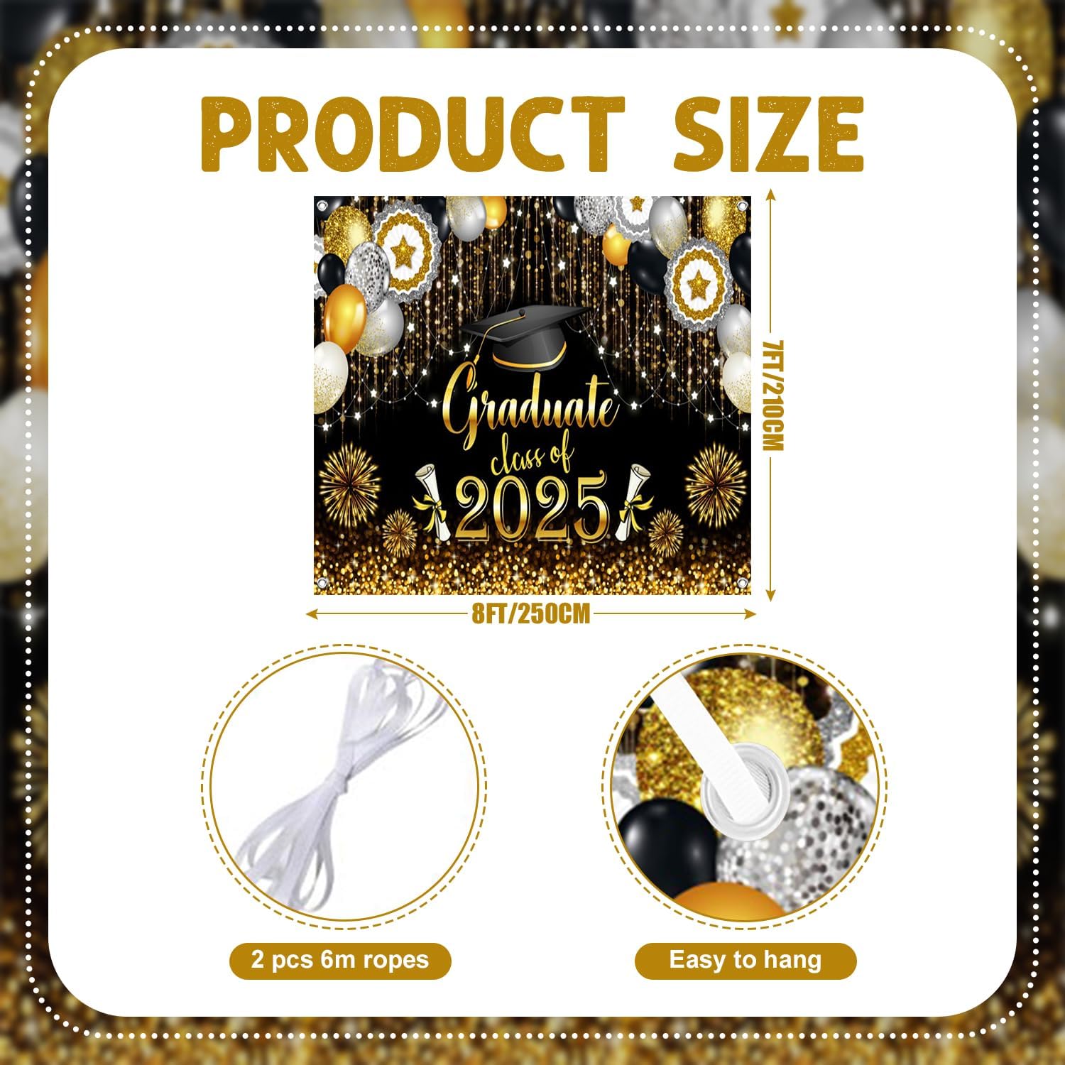 7x8ft Graduate Class of 2025 Garage Door Decor Gold Glitter Bokeh Fireworks Bachelor Hat Diploma Black Photography Background Congrats Grad School Prom Ceremony Party Decor Banner