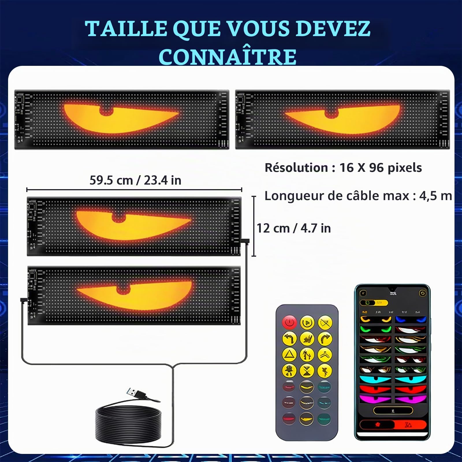 Lot de 2 LED Devil Eyes pour Camion et Voiture, 120×597 mm Set Devil Eyes, Affichage DIY Programmable, Texte Défilant LED Dynamique avec Contrôle Via App & Télécommande, pour Véhicules