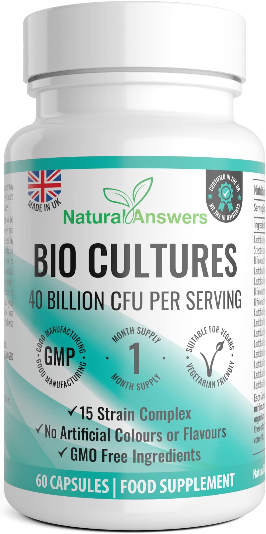 Vegan Bio Cultures Complex - 40 Billion CFU per Serving Vegan Capsules with 15 Bacteria Strains - Max Strength & Potency Capsules - Made in The UK