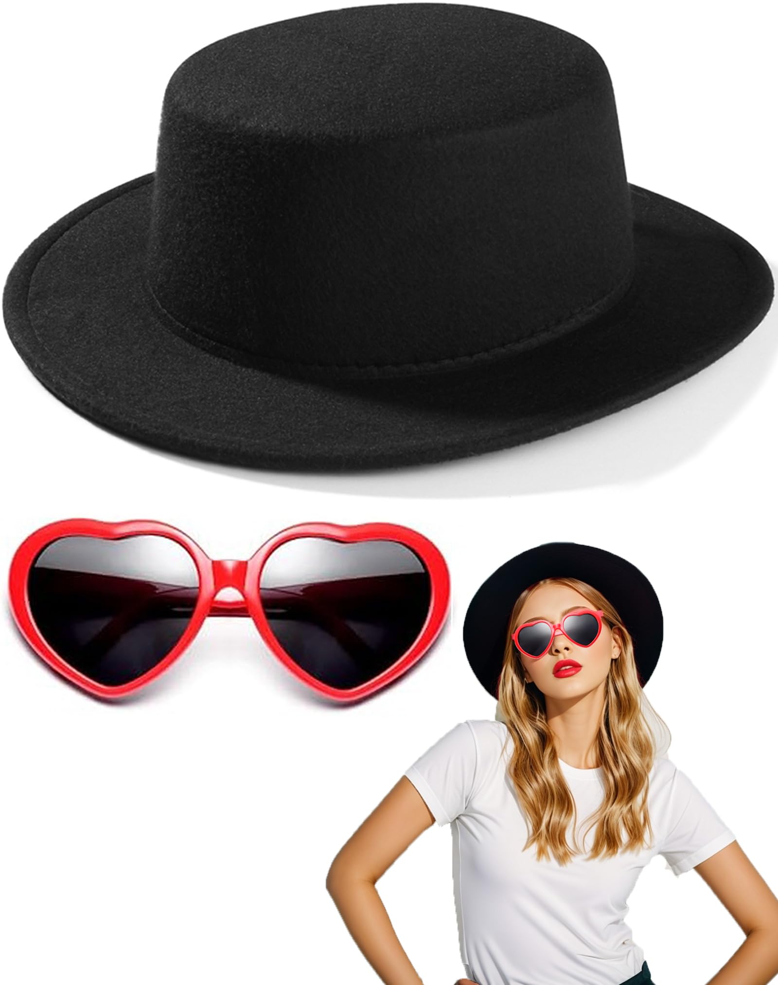 Black Fedora Hats Red Heart Sunglasses Costume for Women and Men, Fashion Flat Wide Brim Round Hats
