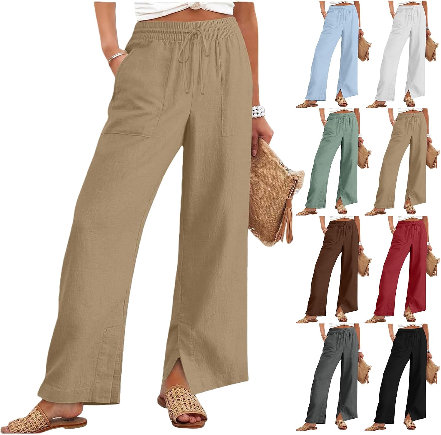 Linen Pants Women Summer Drawstring High Waisted Palazzo Pants Wide Leg Lightweight Beach Trousers Loose Fit Trouser
