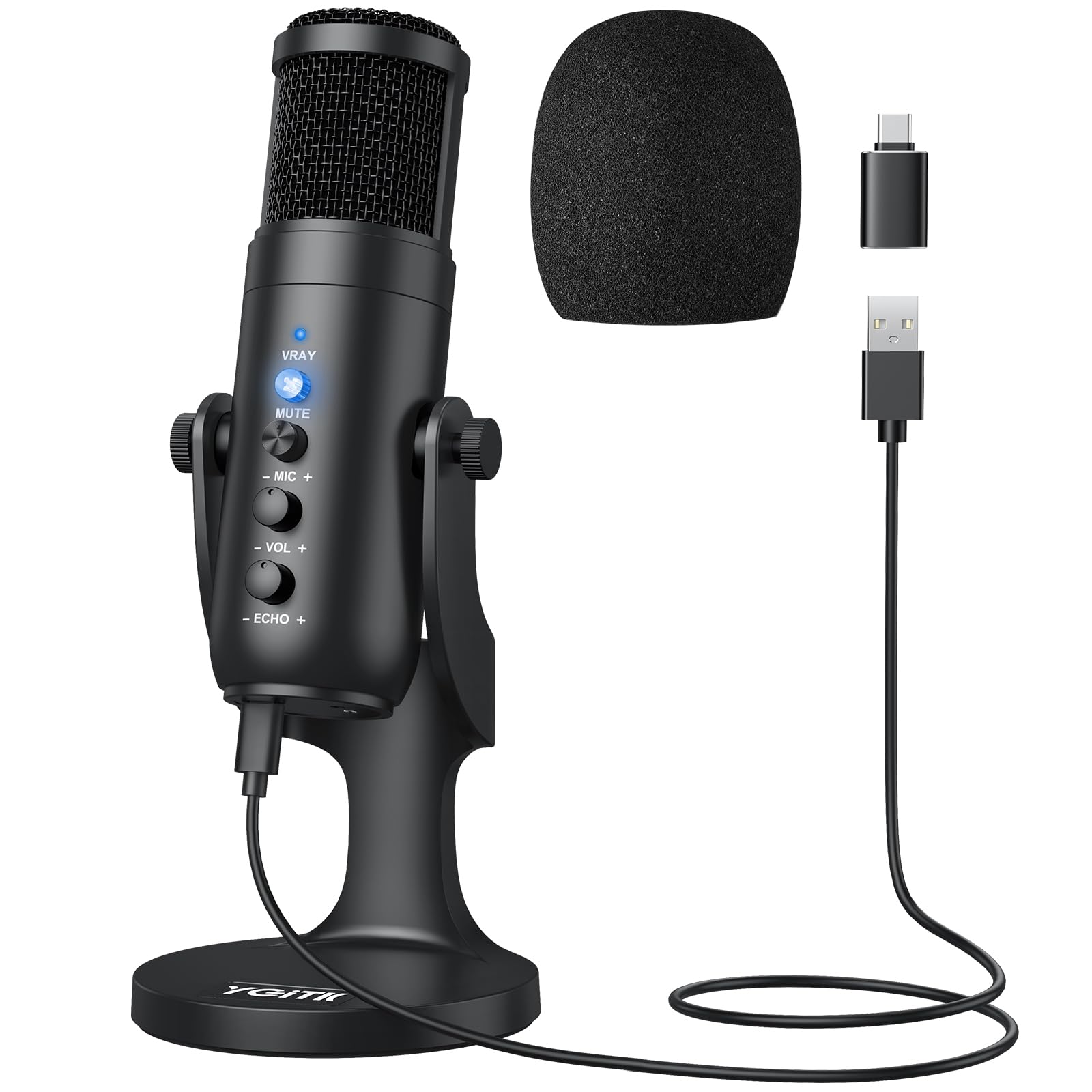 Microfono USB Professionale con Riduzione Rumore Intelligente & Base in Lega Antiscivolo - Compatibile PC/Smartphone per Streaming, Registrazione, Canto (Cuffia 3.5mm Inclusa)