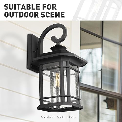 Miniatura 28 de Emliviar Luces de Farol de Pared para Exteriores, Lámpara de Aplique de Pared Exterior de 1 Luz, Acabado Negro con Vidrio Granulado Transparente,