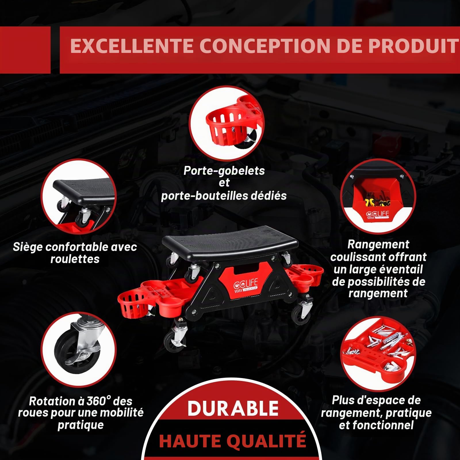 CCLIFE Tabouret D'atelier de Mécanicien 180kg Garage Siège Roulant Tabouret de Mécanicien avec roulettes Tabouret Roulant avec tiroirs Siège Utilisable Séparément