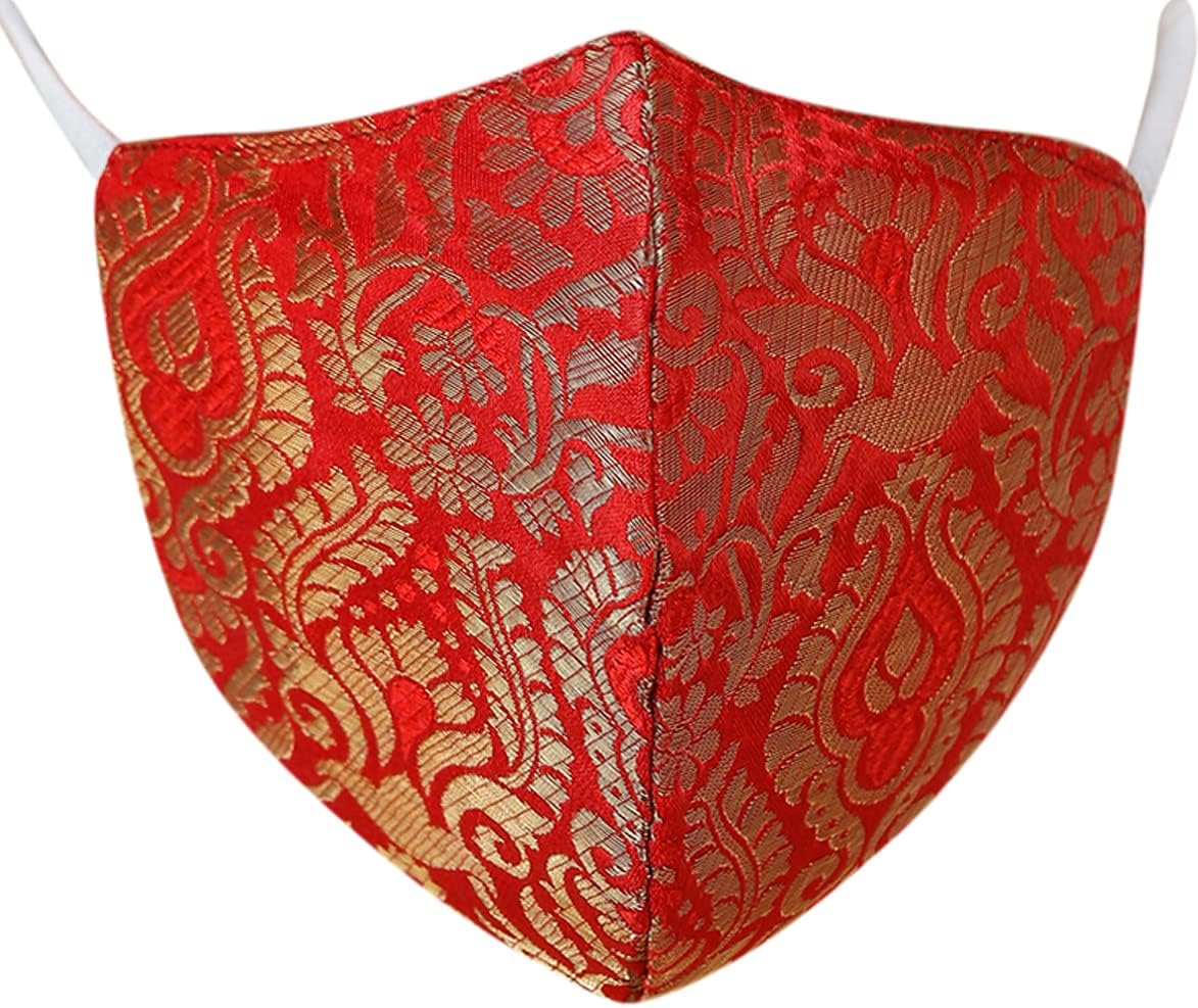 Exotic India Red Brocade Two Ply Fashion Mask from Banaras with Woven Motifs and Zari Weave