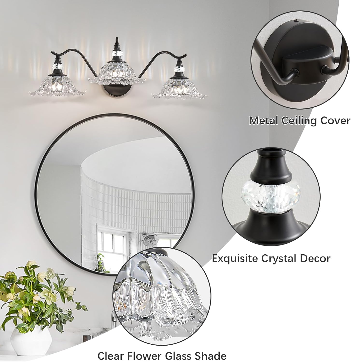 Vintage Bathroom Vanity Light Fixtures - 3 Light Antique Matte Black Bathroom Lights Fixture Over Mirror with Clear Flower Glass,Retro High End Wall-Mounted Vanity Lighting for Bath Powder Room