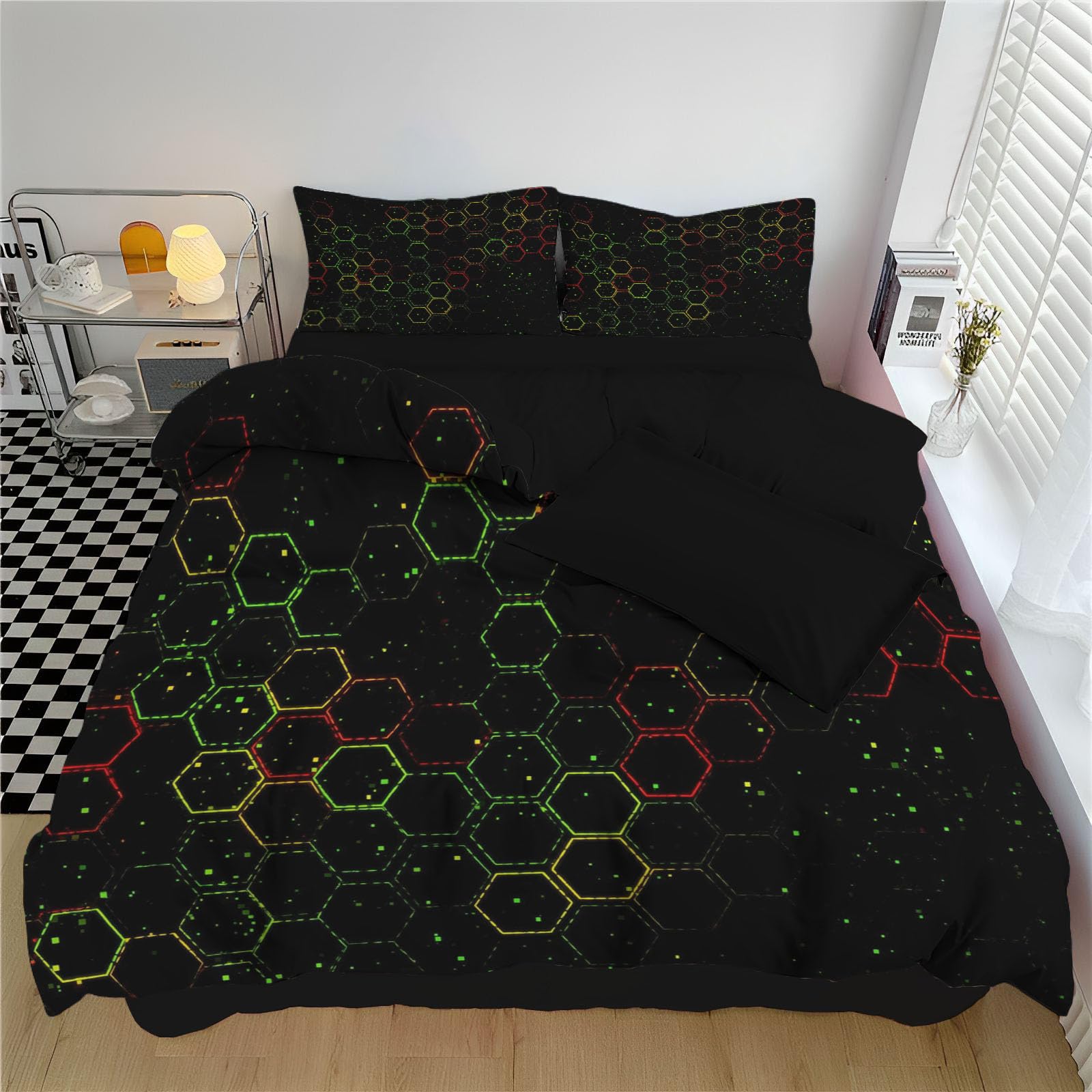 Housse de couette 140x200 rouge hexagone avec 2 taies 65x65