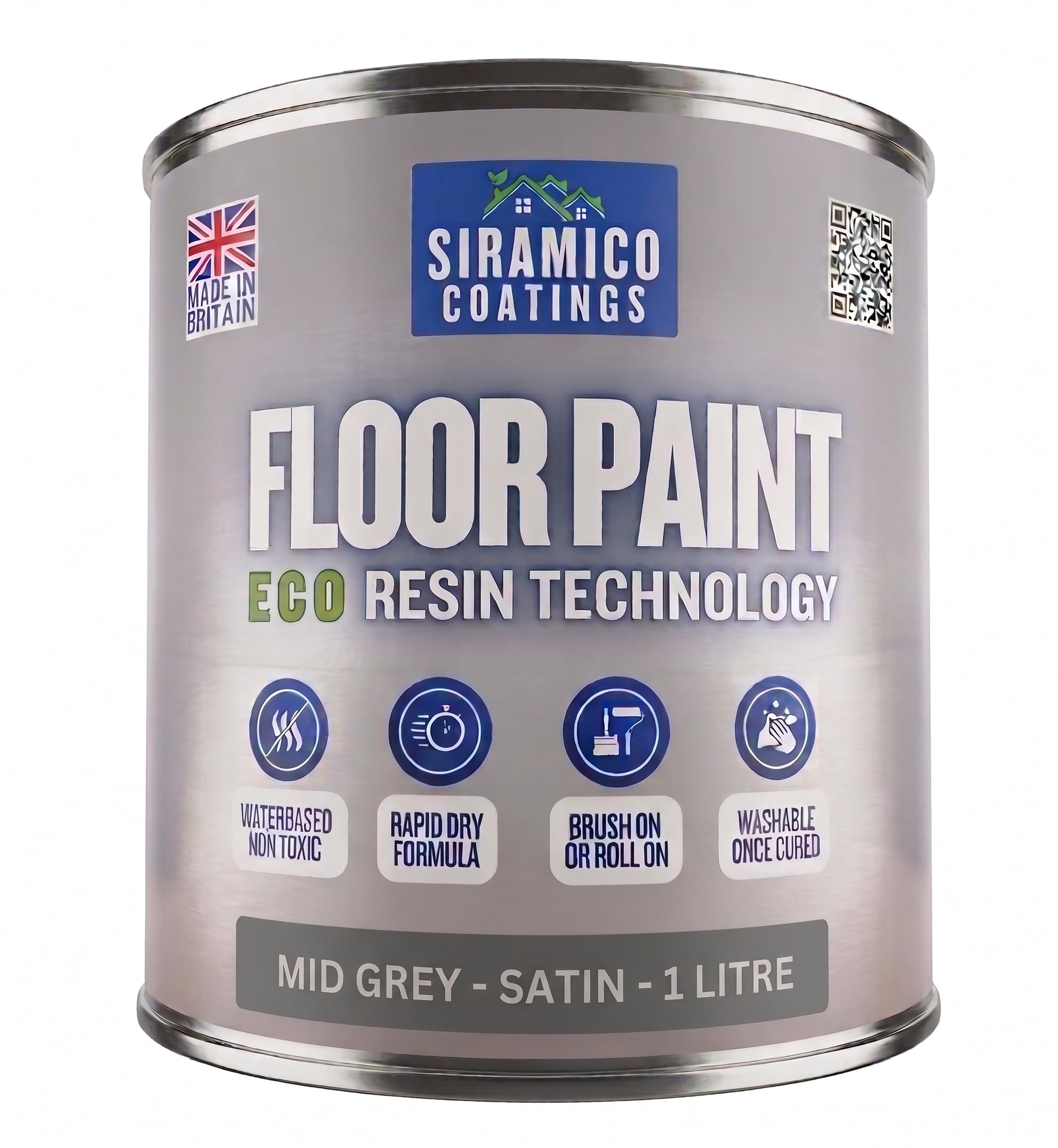 SIRAMICO COATINGS Floor Paint | 1 Litre | Satin | Water-Based Quick-Dry Formula - Non-Toxic, No-VOC, Durable Coating for Concrete, Brick, Stone & Wood Floors (Mid Grey)