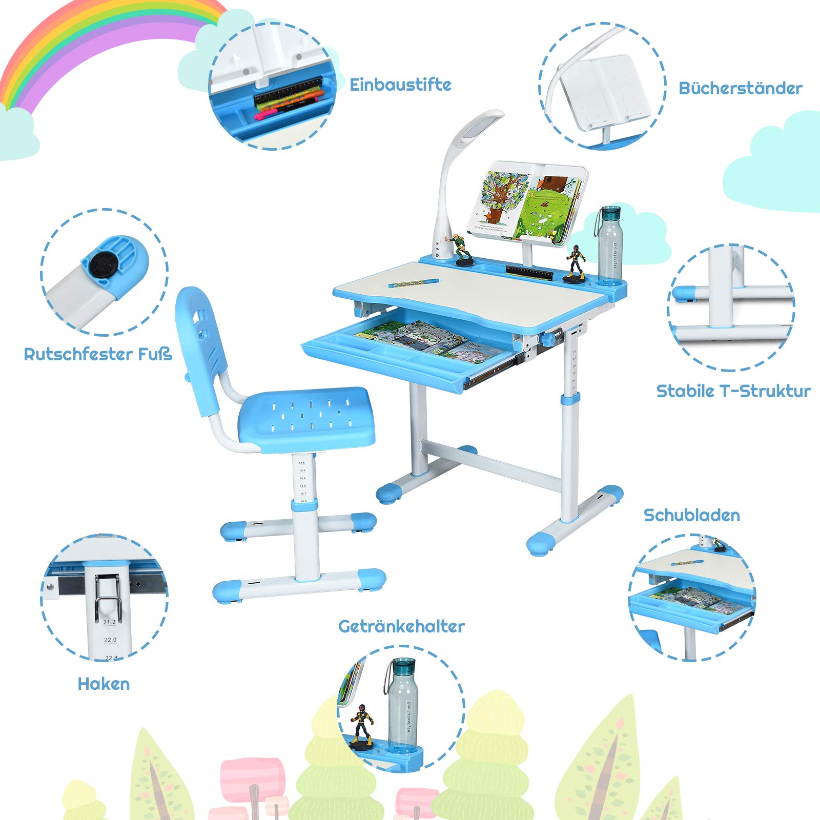 DREAMADE höhenverstellbarer Kinderschreibtisch mit Lampe & Bücherständer, Schülerschreibtisch Jugendschreibtisch neigungsverstellbar, Schreibtisch Set für Kinder mit Stuhl und Schublade (Blau)