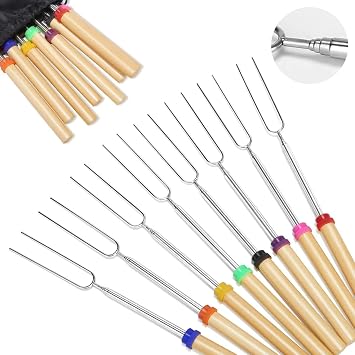 TED Marshmallow Roasting Sticks with Wooden Handle Extendable Forks Telescoping Smores Skewers for Campfire Firepit and Sausage BBQ, 32 Inch Set of 8Pcs