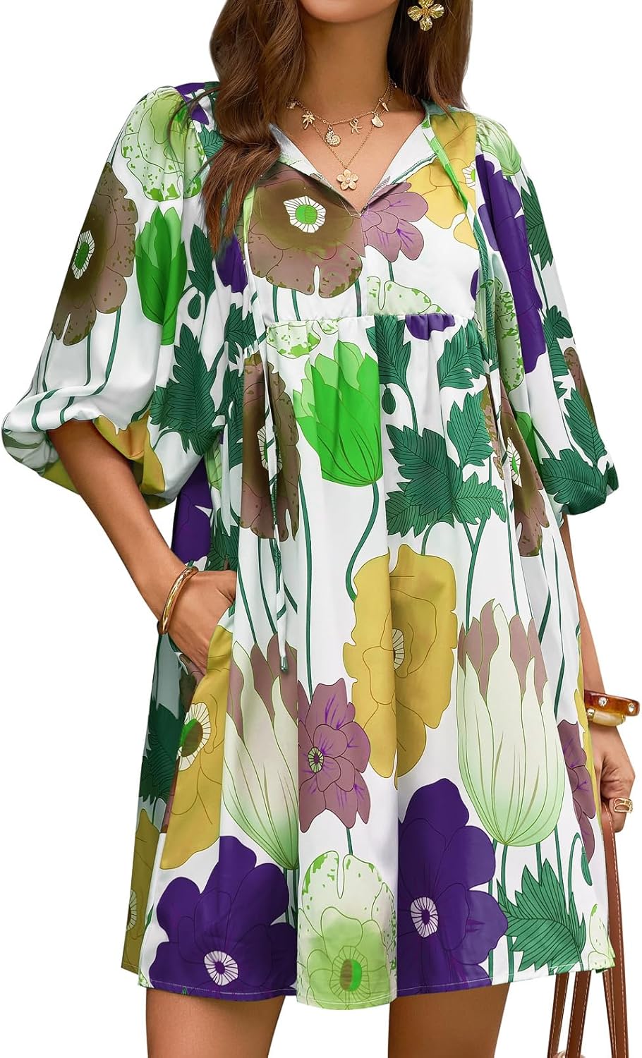 Yousify Womens Summer Dresses Floral Mini Babydoll Dress V Neck Puff Sleeve Loose Fit Boho Beach Sundress with Pockets