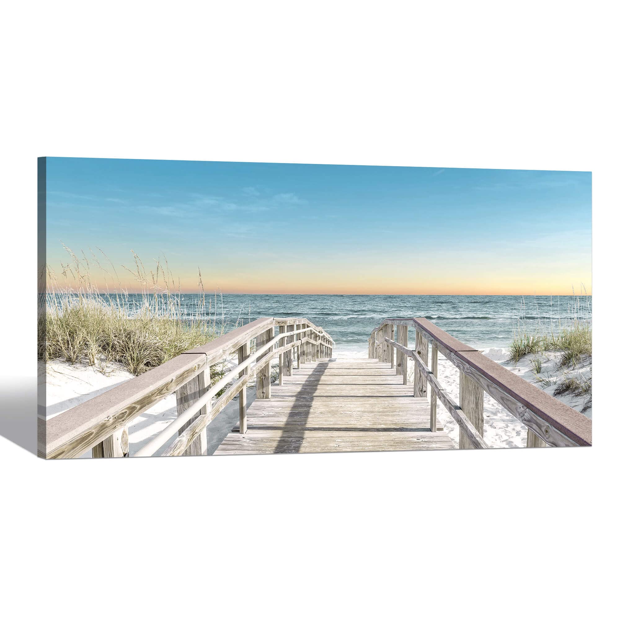 SD SOFT DANCE Sea Wall Art Canvas Decor: Ocean Beach Scenic Artwork Coastal Boardwalk Painting Print Seascape Picture for Living Room Bedroom Decoration 48x24 Inch