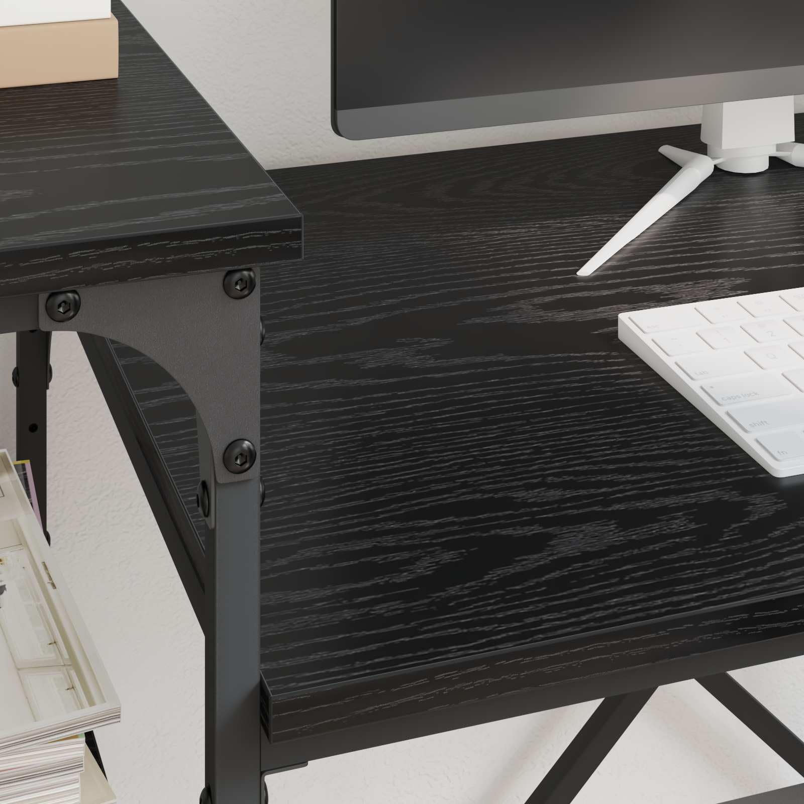 Scrivania con ripiani, 105 x 50 x 90 cm, scrivania industriale per computer, colore nero, effetto rovere, stabile tavolo da ufficio in legno per casa, stile loft urbano