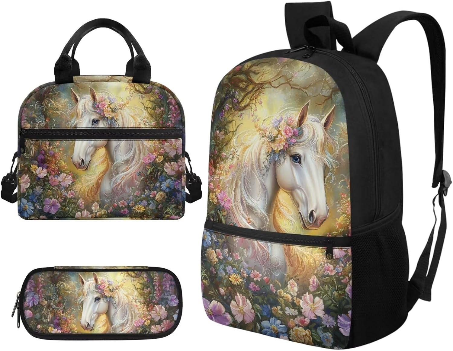COEQINE Rainbow Horse School Backpack for Girls 10-12 with Lunch Box Set of 3, Large Capacity Floral School Bag Set for Kids Girls Travel Reusable Lunch Box with Strap Large Pencil Box Organizer