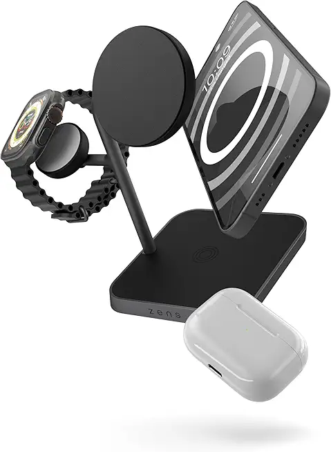 Zens Office Wireless Charger 3, MagSafe und Qi-kompatibles kabelloses Ladegerät (15 W) für iPhone, Apple Watch und AirPods, inkl. 45-W-Netzadapter (EU,UK,US) und integriertem, Schwarz