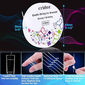 Cridoz Stretchy String for Bracelets - 5 Rolls Clear Elastic Stretch Cord With 2 Beading Needles for Jewelry, Seed Beads, Pony Beads