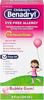 Children’s Dye-Free Allergy Relief Liquid, Allergy Medicine for Kids, 12.5 mg Diphenhydramine HCl Antihistamine, Relieves Runny Nose & Sneezing, Paraben-Free, Bubble Gum Flavor, 8 fl.