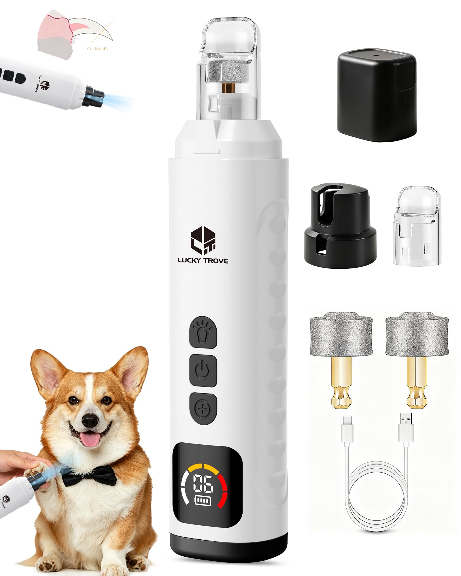 Broyeur à ongles professionnel pour chien - Moteur sans balais, 11 000 tr/min, 6 vitesses, silencieux de 40 dB, 2 lumières LED, soin des ongles indolores pour animaux de compagnie, rechargeable