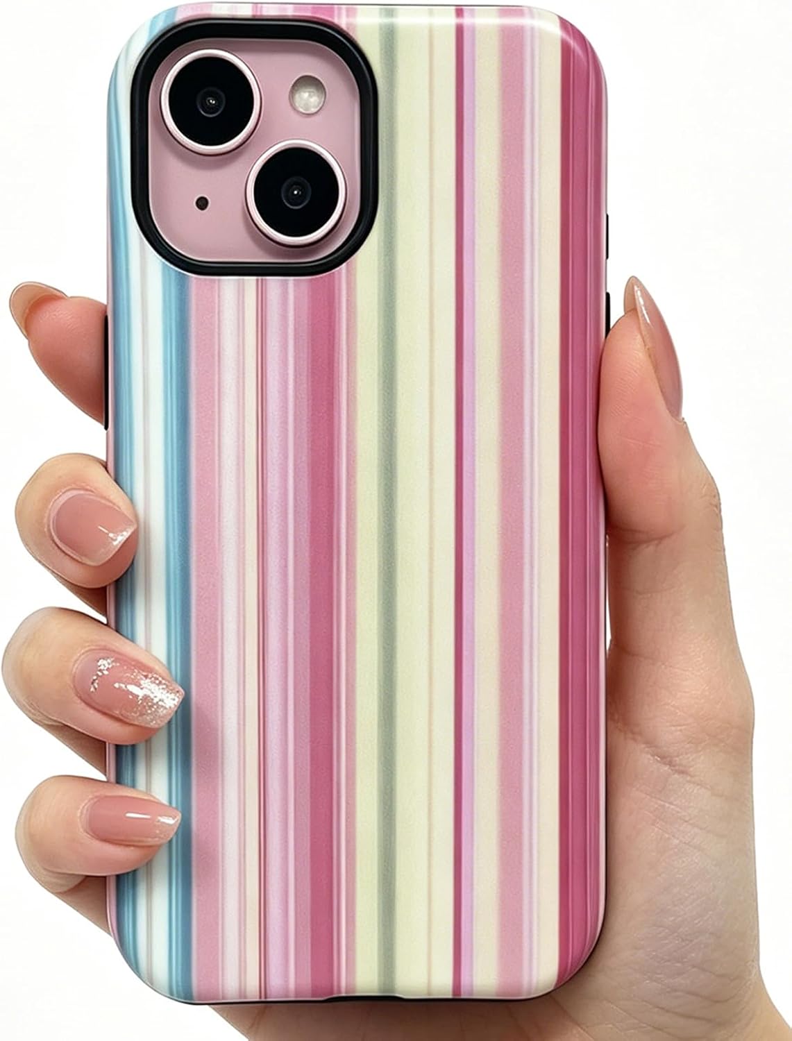Compatible with iPhone 15 Phone Case Pastel Rainbow Striped Cute Fashion Aesthetic Dual Layer Shockproof Protective Cover for Women