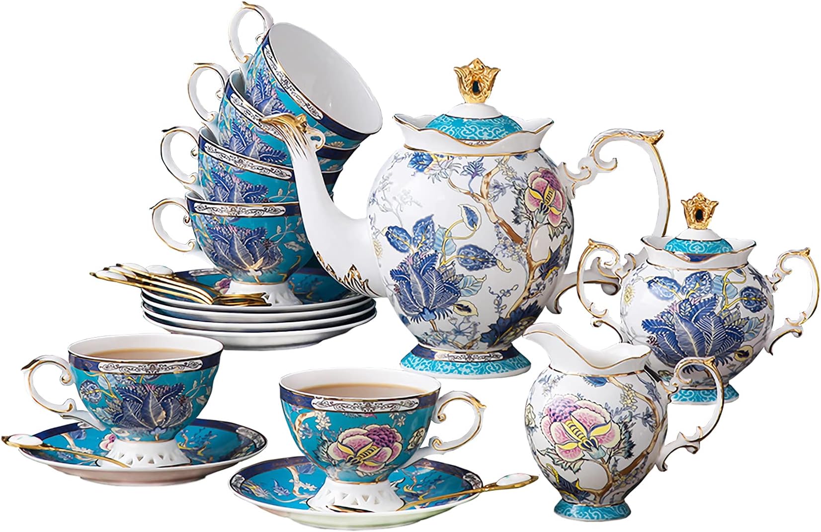 ACMLIFE Bone China Tea Set Blue and White, Tea Cups Sets of 6, Tea Party Set for Women, Vintage Fine Coffee Tea Set English Porcelain Luxury Tea Sets with Teapot for Gift