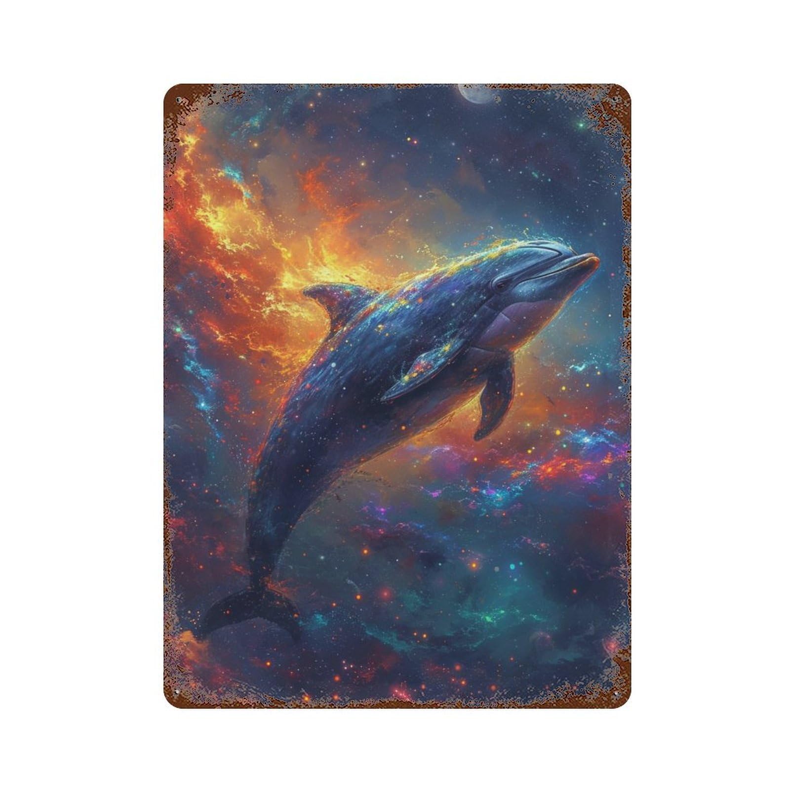Cosmic Dolphin Art Print Vintage Metal Tin Sign 15.7"x11.8", Ideal for Living Room, Hallway And Home Decor