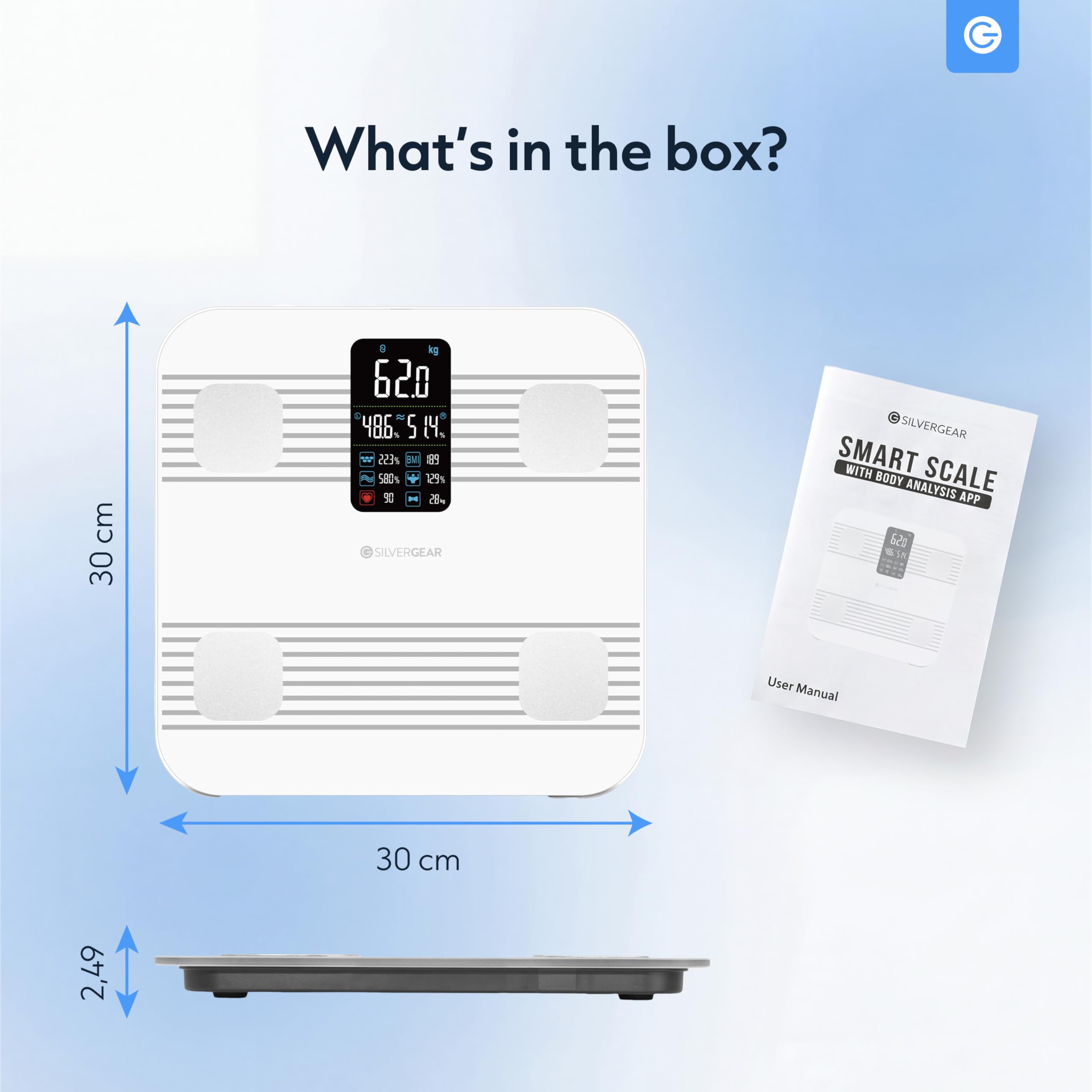 Silvergear® Báscula de Grasa Corporal | Báscula de Análisis Corporal con Bluetooth y App| Mide Grasa Corporal, IMC, Masa Muscular, Agua, Proteínas, Peso Óseo, BMR y Frecuencia Cardíaca | Blanco