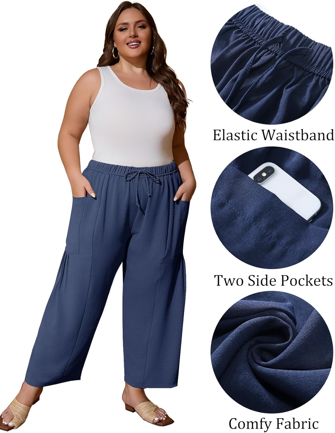 Flygo Plus Size Pants for Women Summer Casual Wide Leg Palazzo Pants Baggy Trousers with Pockets - Image 6