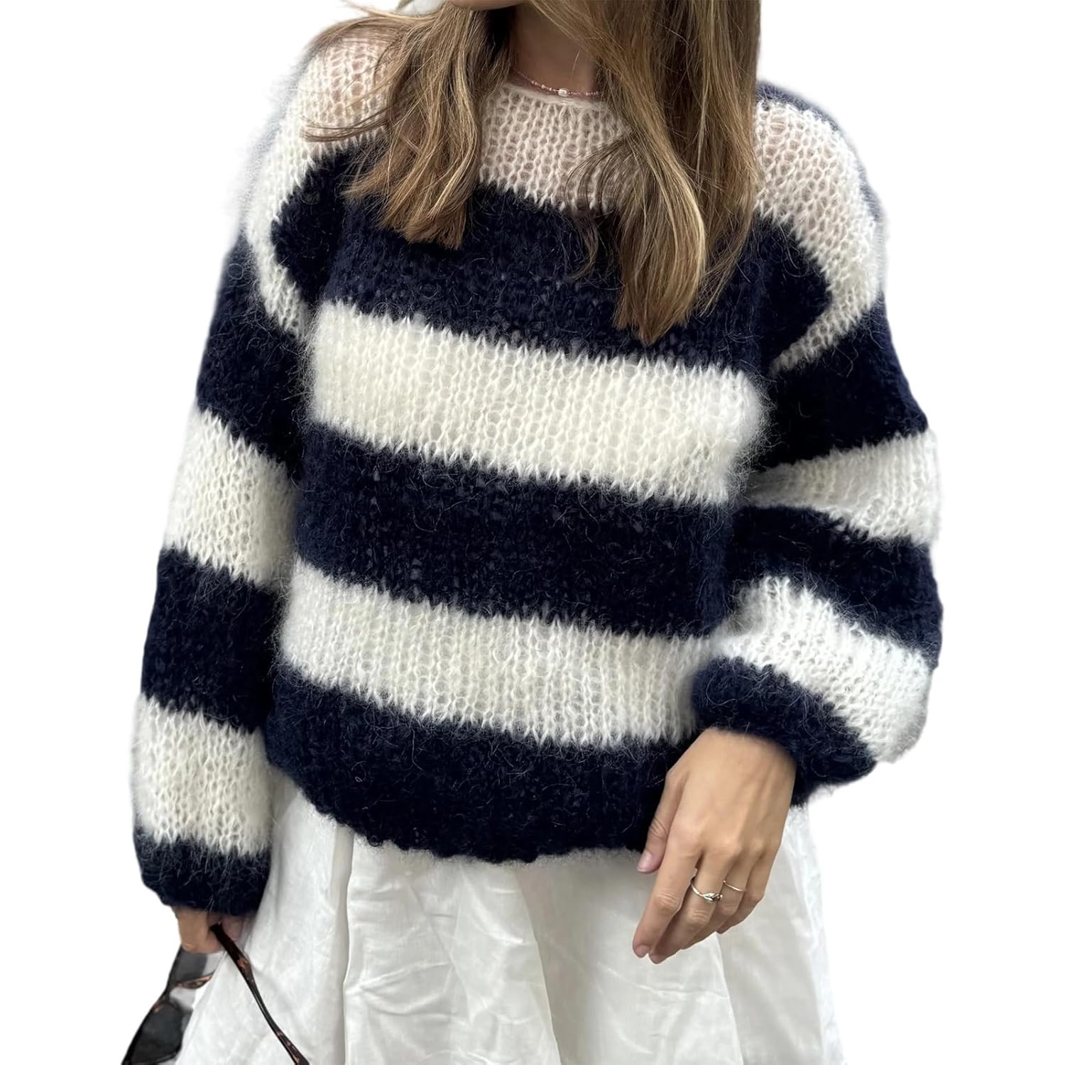 Sunloudy Y2k Loose Striped Sweater Women Color Block Oversized Knitwear Long Sleeve Crewneck Cute Preppy Jumper Streetwear