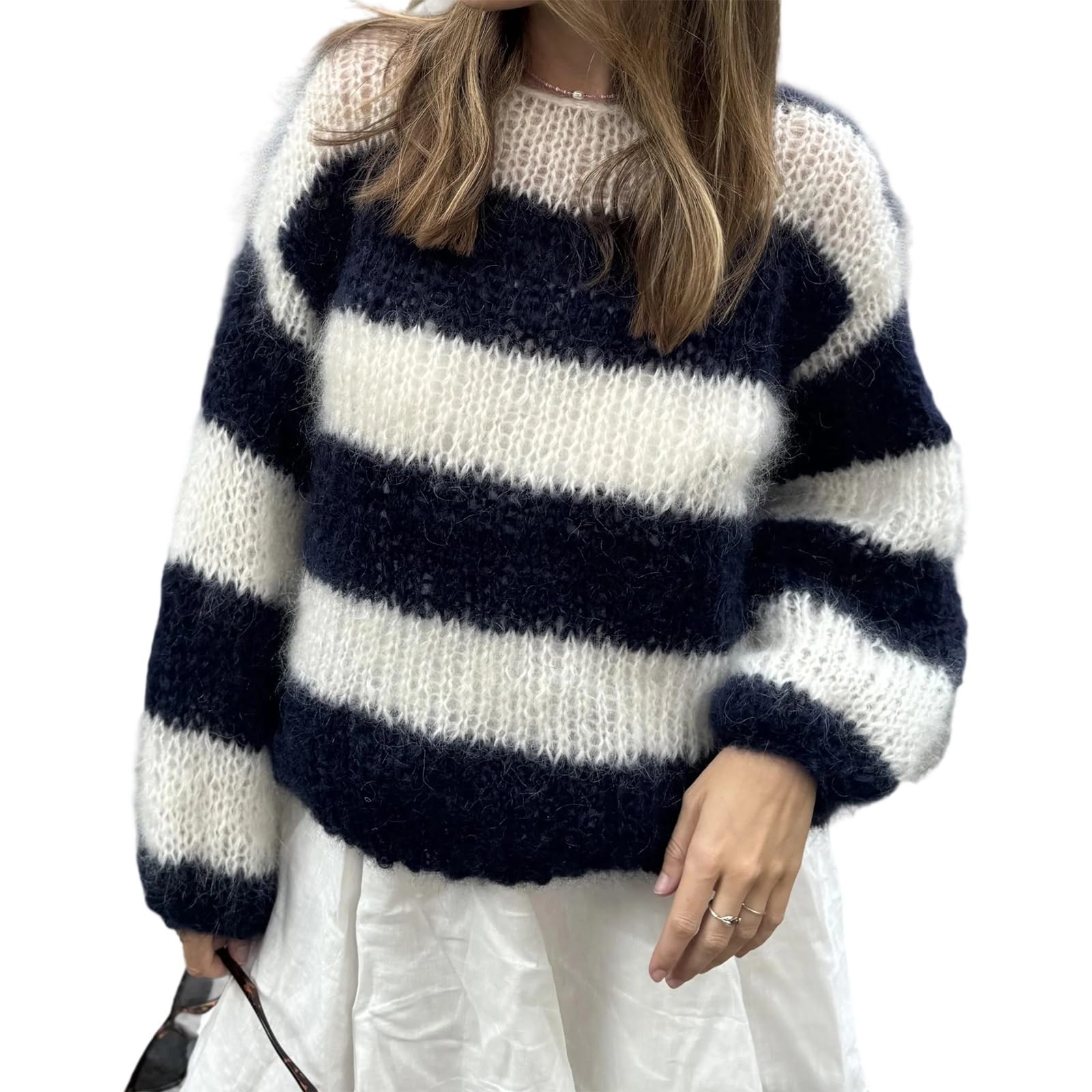 Sunloudy Y2k Loose Striped Sweater Women Color Block Oversized Knitwear Long Sleeve Crewneck Cute Preppy Jumper Streetwear