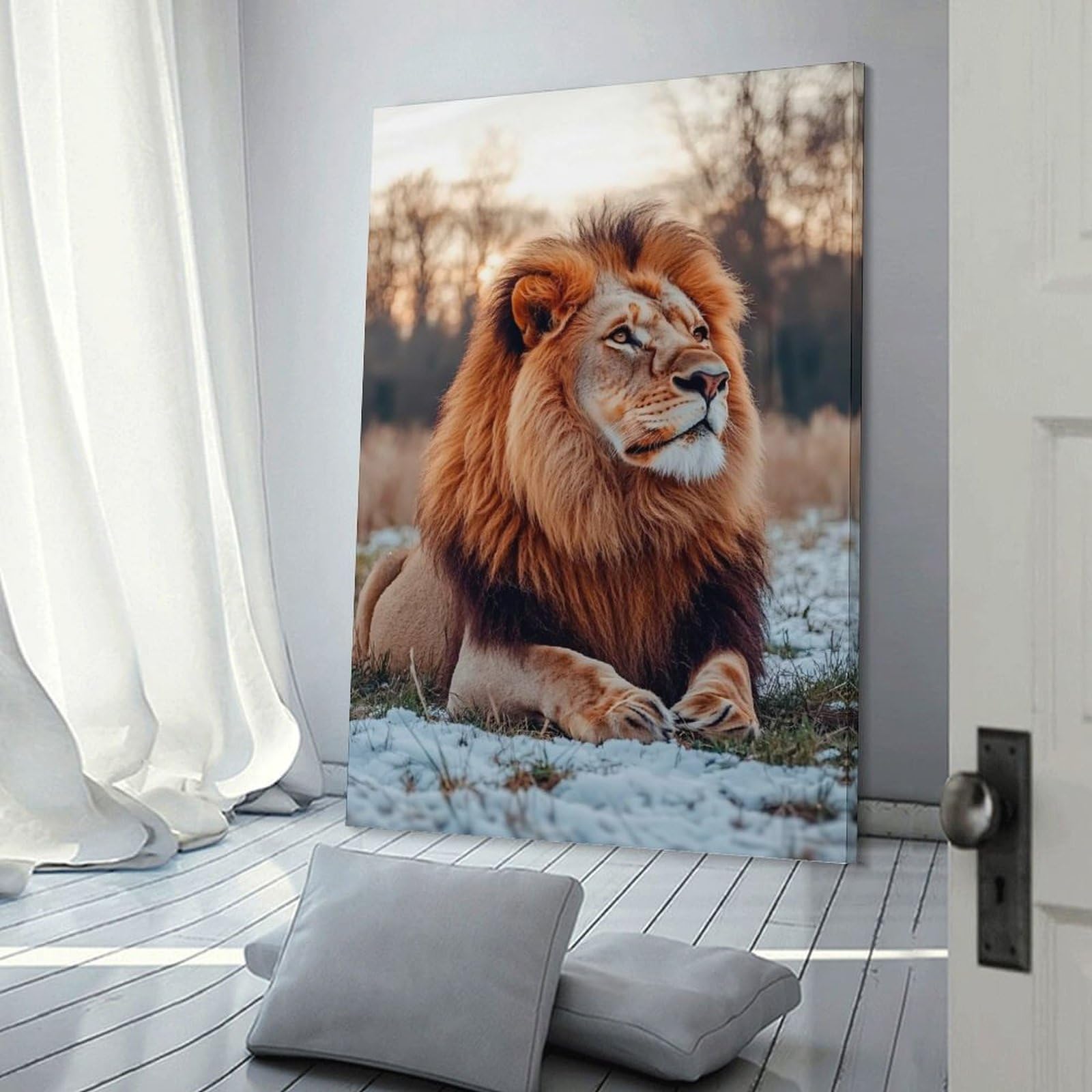 Junmoney Frame-Style-21 Majestic Lion Portrait In Winter Wall Picture Print, 08X12inch(20X30cm), For Gallery Wall Decor And Room Displays, A Versatile Canvas Print For Layering