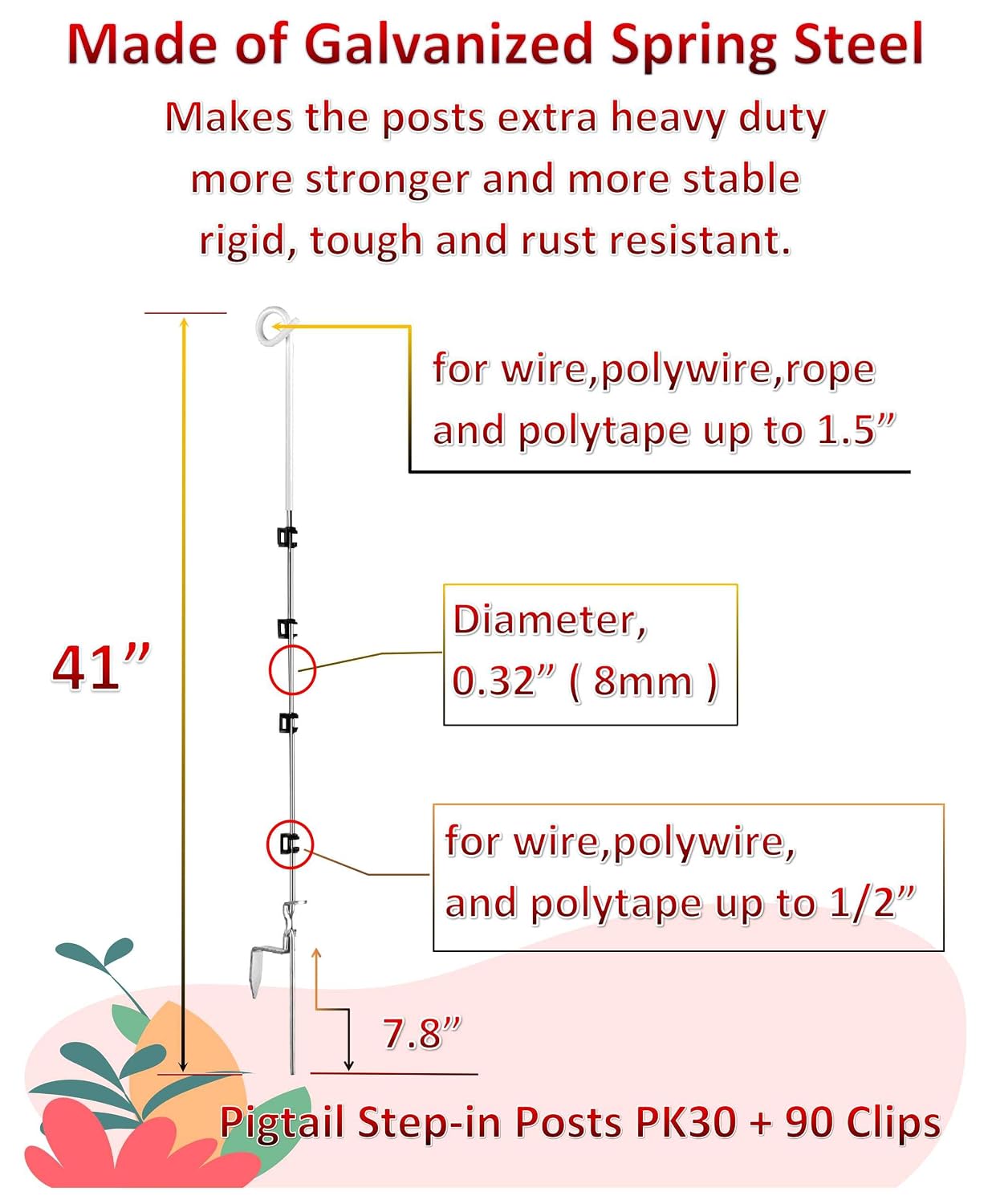 pk30 pigtail step-in posts for electric fences, rod diameter 0.32 inch (8mm) x 41inch height with 90 extra insulators that can clip onto the posts 30 posts + 90 clips