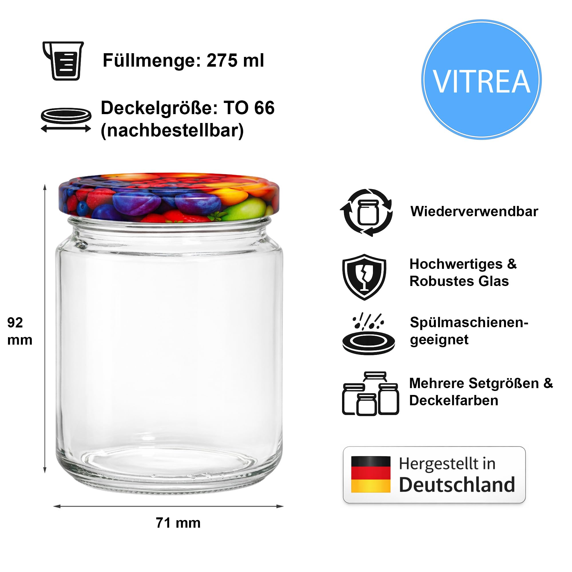 Vitrea Marmeladengläser 275ml Gläschen mit Schraub-Deckel Obst - Einmachgläser - Sturzgläser - Honiggläser - Probiergläser für Gastgeschenke & Hochzeit Made in Germany (200)