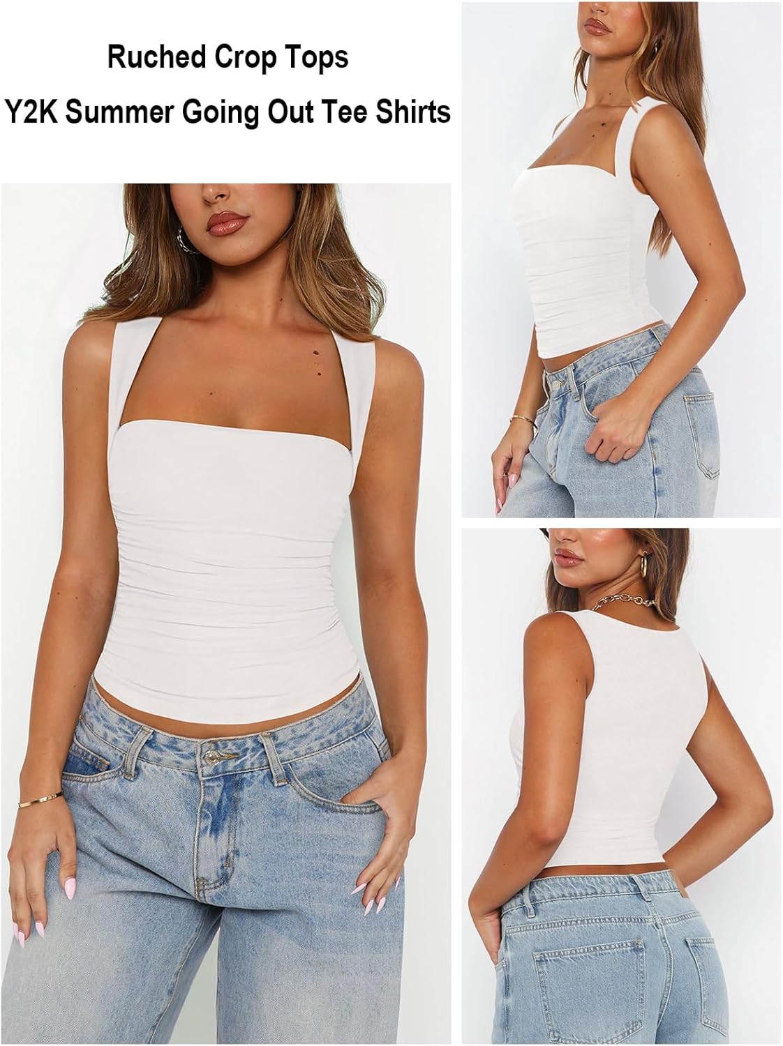 Womens Square Neck Tank Top Mesh Side Ruched Double Lined Y2k Trendy Going Out Tops Summer Basics Clothes - Image 2