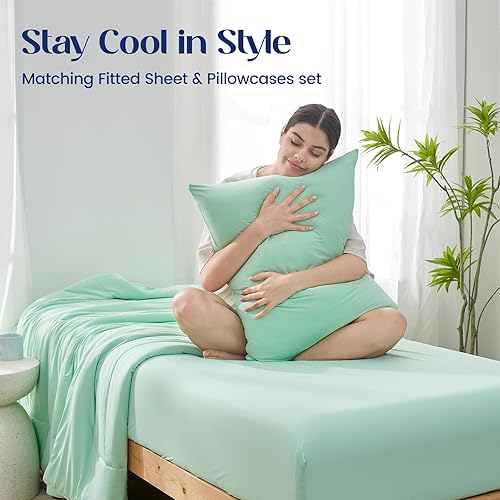 Miniatura 5 de Dream Valley Sábana bajera refrescante de tamaño individual con 1 funda de almohada, Q-Max  0.4 Aerocool 2 piezas sin sábana plana, enfriamiento