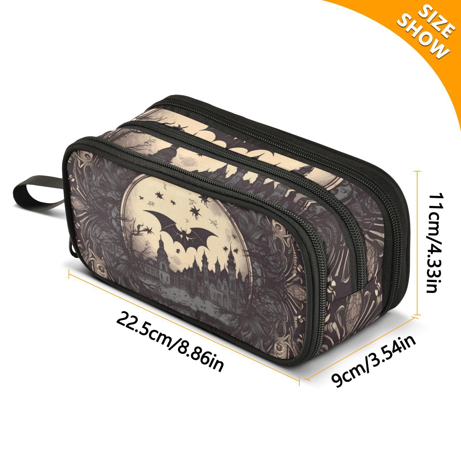 JUNZAN Astuccio nero con pipistrelli retrò e castello gotico di grande capacità, astuccio per matite, penne, trucchi, articoli di cancelleria per ufficio, regalo per ragazze e ragazzi