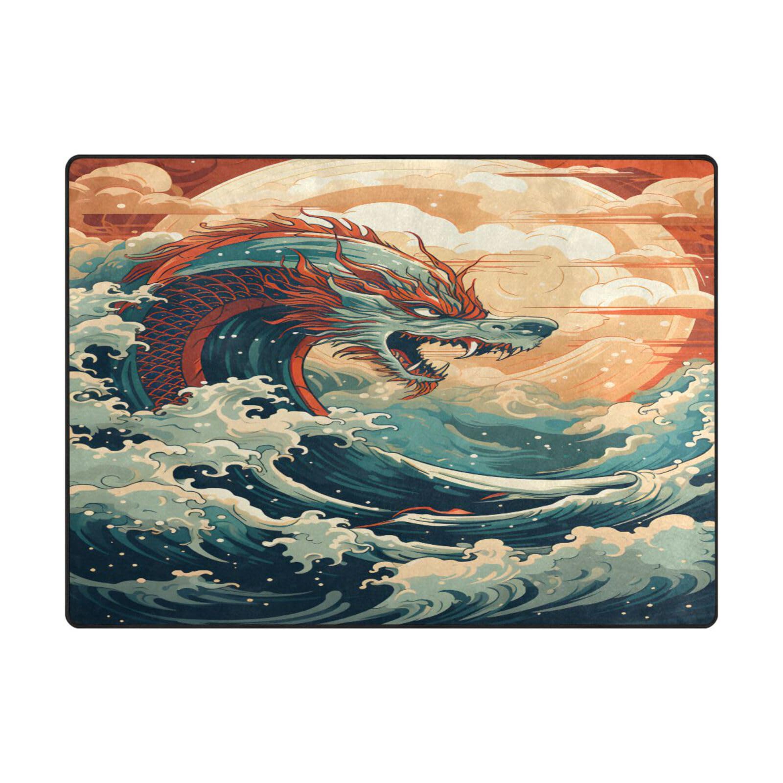 Tapis doux style chinois vagues de dragons grand format