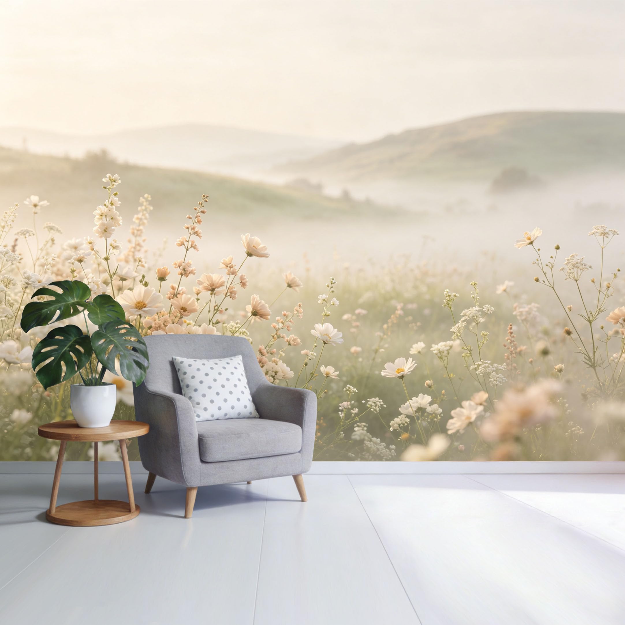 Custom Size Wall Mural Misty Meadow Wildflowers Landscape Botanical Pastel Bloom Morning Fog SelfAdhesive Wall Fabric Removable Wallpaper for Home Office Decor