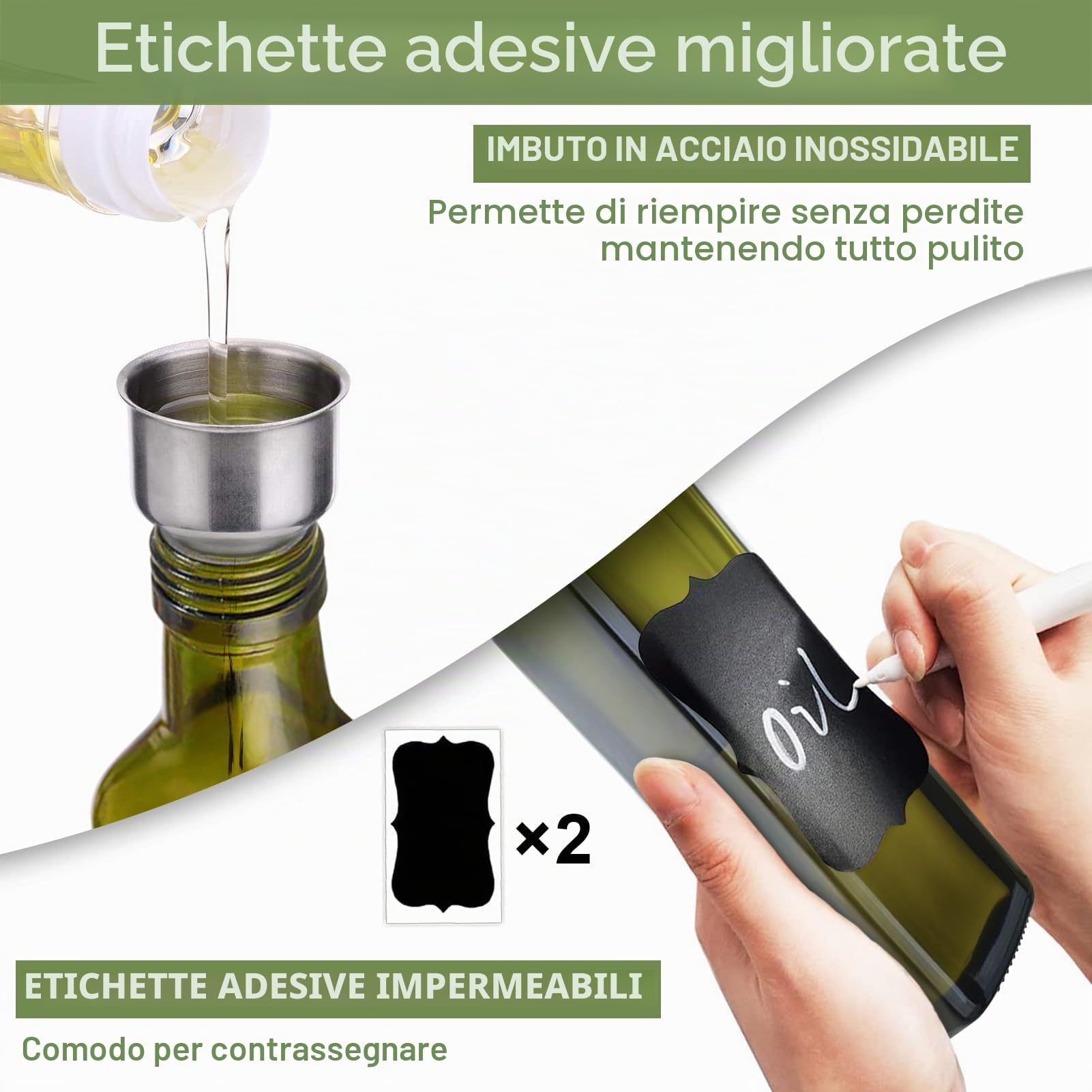 Showvigor Oliera Salvagoccia, 500ML Dosatore Olio con Imbuto e Dosatore Oliera da Tavola per Cucina e BBQ (Verde)