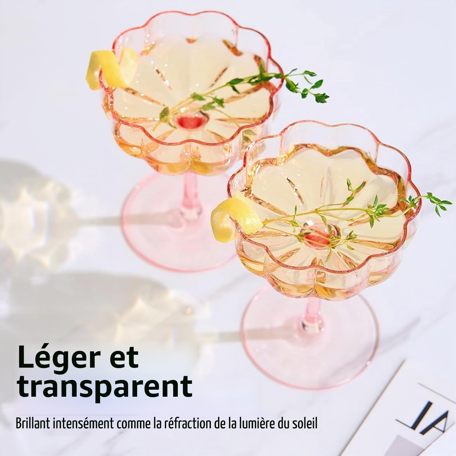 Lot de 6 verres à cocktail avec pétales ondulés - 200 ml - Verres à martini vintage - Coupe à champagne striée - Verres de bar - Cadeau d'anniversaire ou de mariage