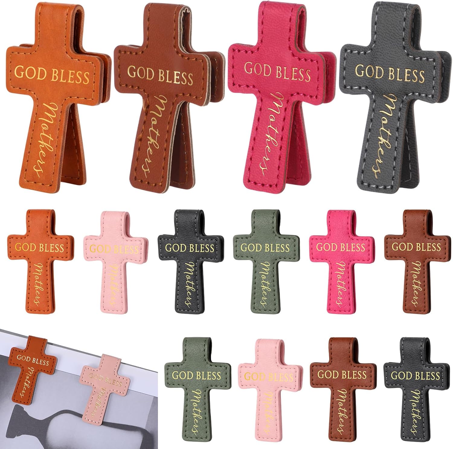 Remuuly 24 Pcs Mother's Day Gifts for Mom PU Leather Corner Bookmarks Mother God Bless Mothers Bookmarks Corner Page Clips Christian Reading Lover Gifts for Church Party Favor Woman (Cross Magnetic)