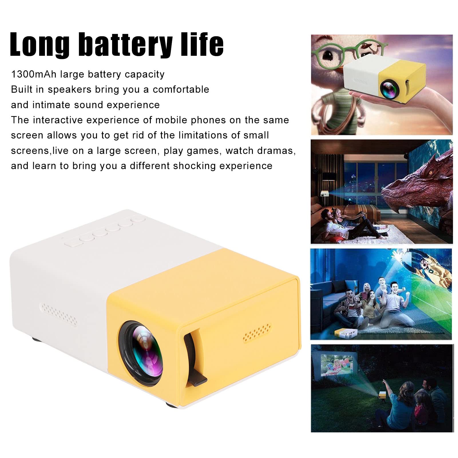 Mini Proiettore, Imaging a Riflessione Diffusa 1080P, Schermo Dello Stesso Telefono, Batteria da 1300 mAh, Supporto 23 Lingue, Proiettore HD Portatile con Altoparlanti per Giocare, Guardare Film(UE)