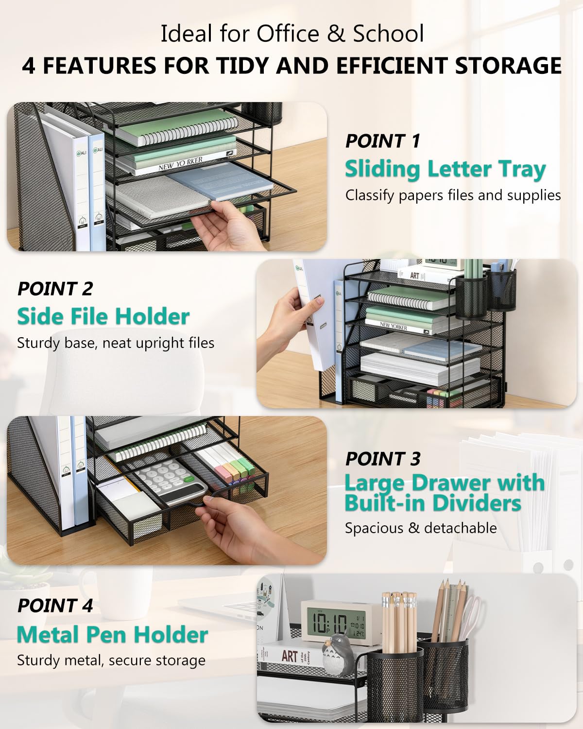 WALI Desk File Organizer, 6 Tier Desktop Paper Letter Tray Organizer with Drawer and 2 Pen Holders, Office Desk Accessories & Workspace Organizers for Office, Home Supplies(DO007DH-B), 1 Pack, Black view 4
