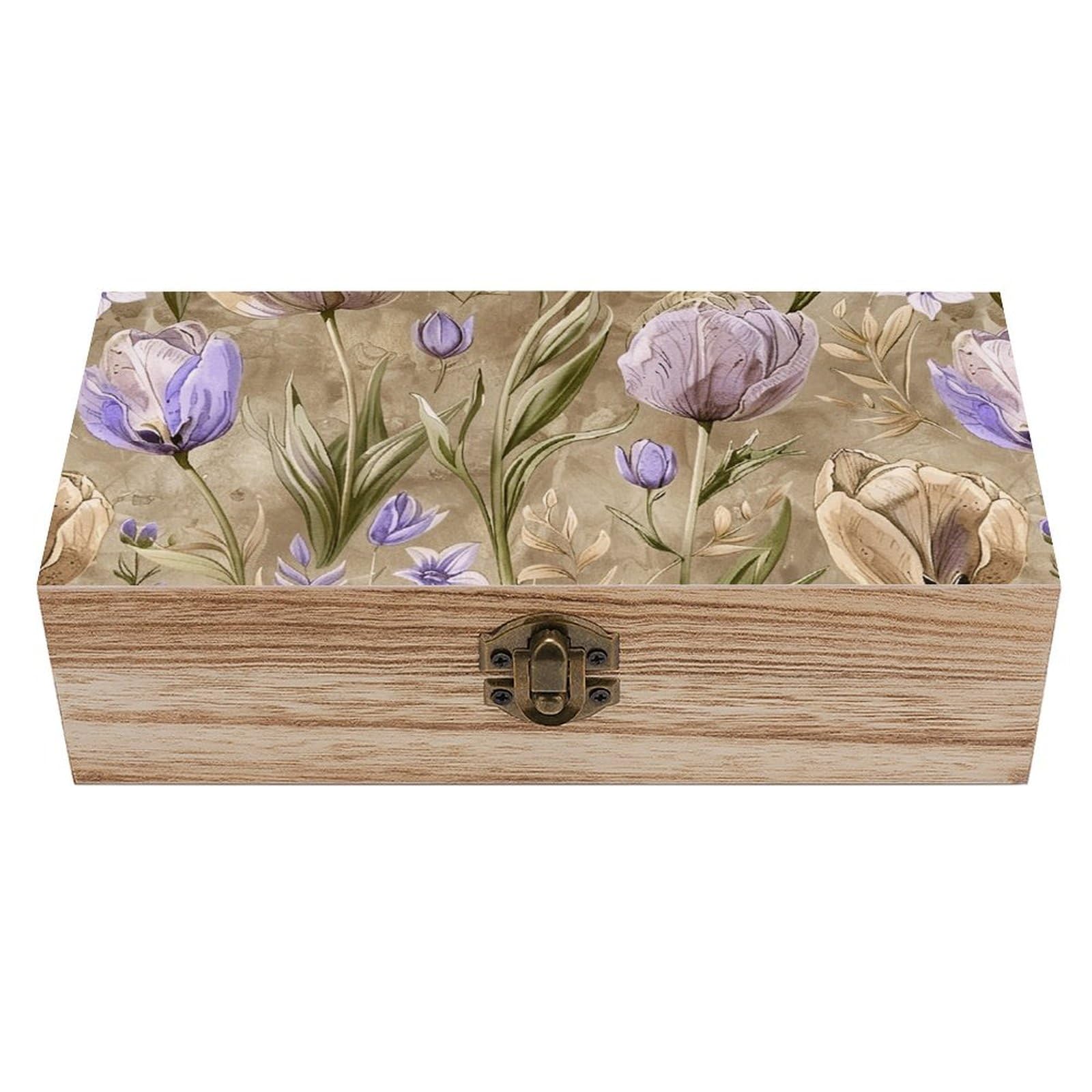 NTVOWPZO Wooden Storage Box Tulips And Wildflowers Wood Gift Box with Hinged Lid Vintage Decorative Boxes Jewelry Memory Box for Jewelry Art Hobbies Home Storage Treasure Keepsake Gift