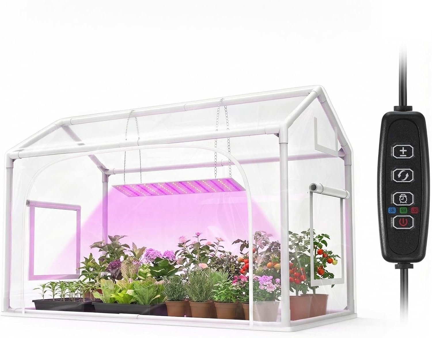 Mini Greenhouse with Grow Light & Timer & Hygrothermograph, 30"x16"x20" Indoor/Outdoor Tabletop Greenhouse with 96 LEDs Dimmable Full-Spectrum Lights (3 Colors), for Houseplants,Seedlings, Outside