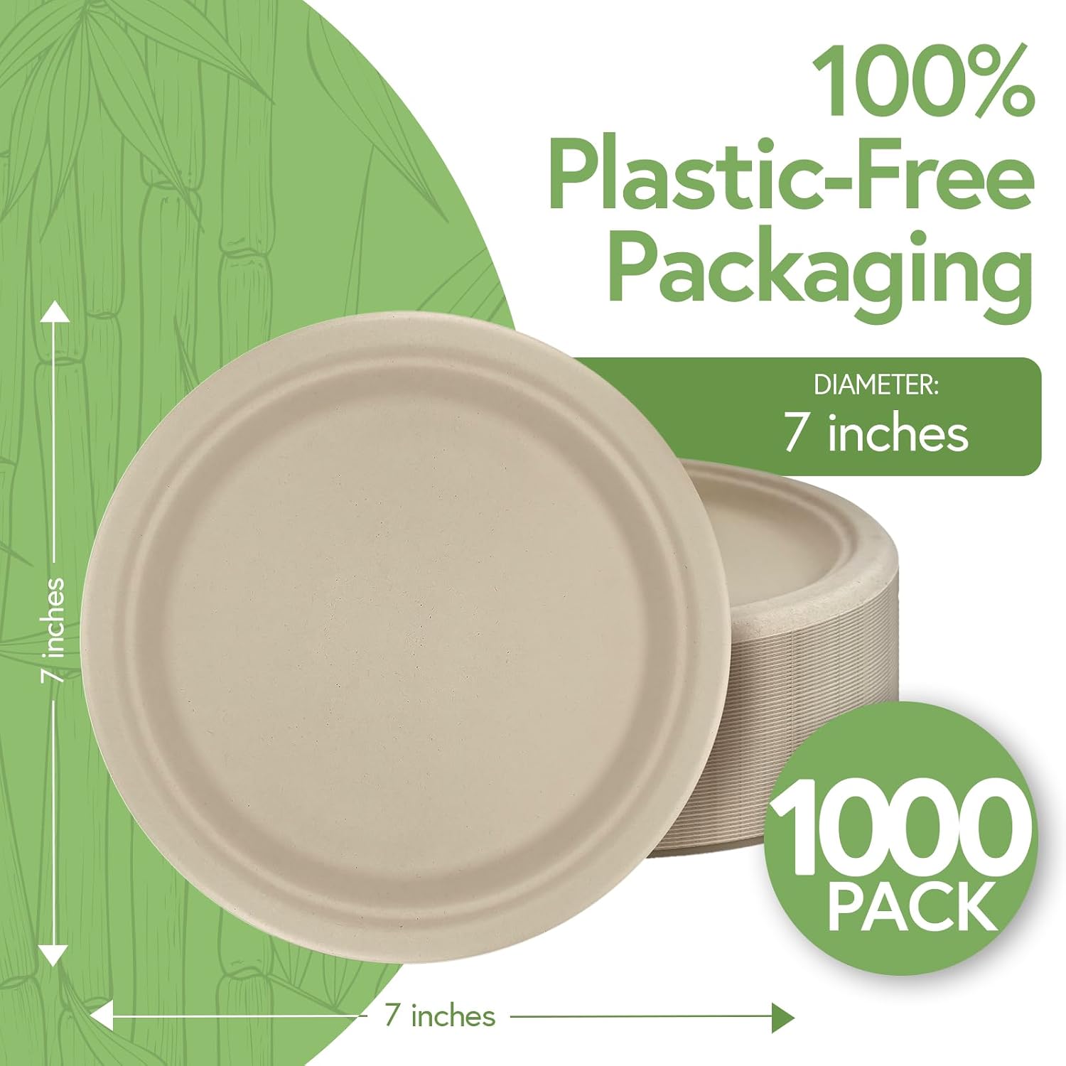 Bamboo Dinner Plates Disposable (1000-Pack, 7-inch) | Sturdy & Microwave Safe | Bamboo Disposable Plates for Parties | PFAS Free, Biodegradable | FSC Certified Alternative to Plastic