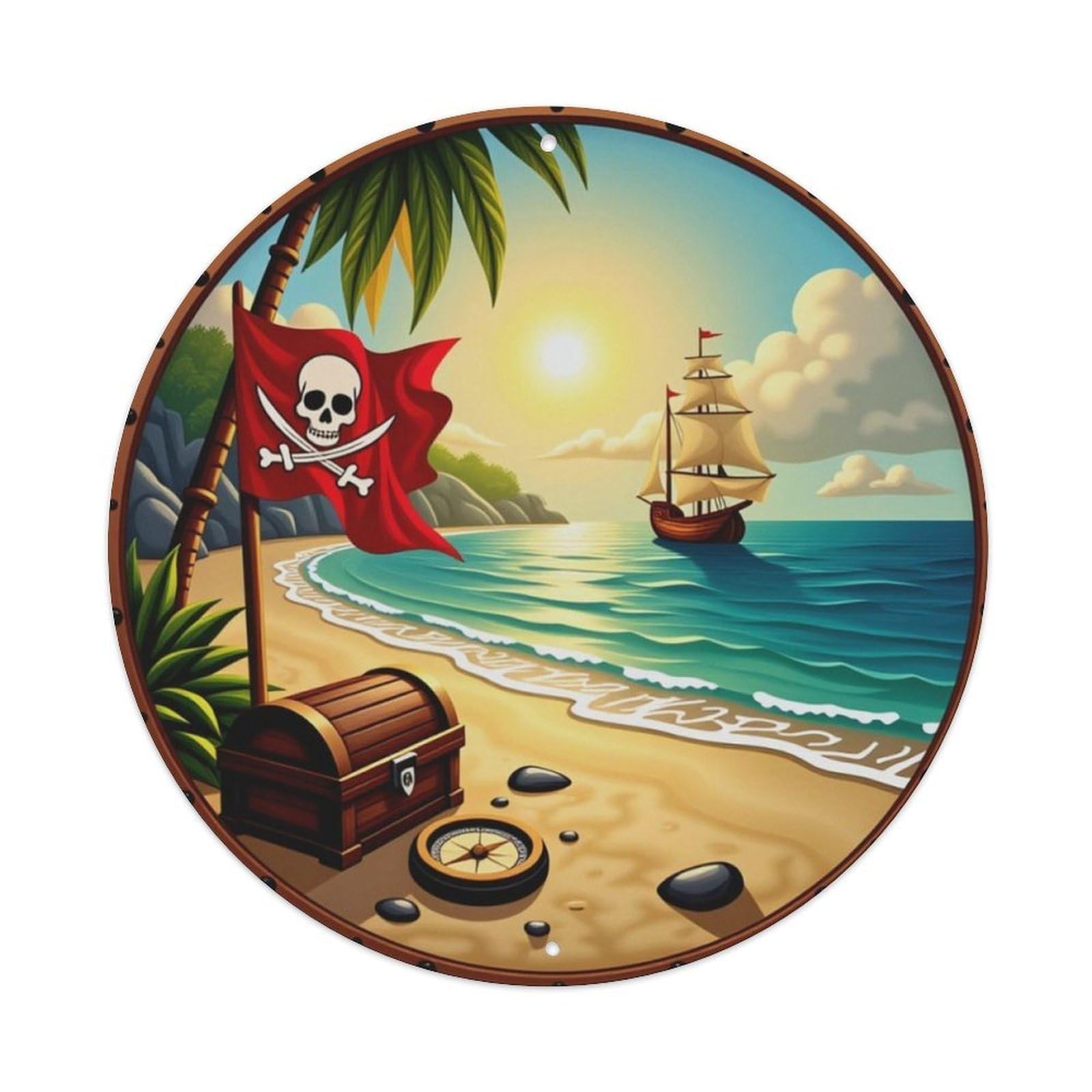 Vintage Pirate Beach Nautical Round Decor Sign Vintage Aluminium Metal Sign, Retro Wall Decor for Home, Bar, Garage & Farmhouse 20x20cm